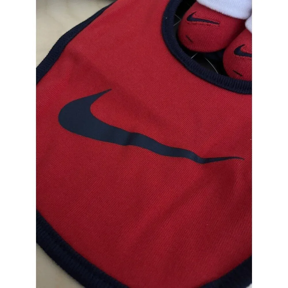 Nike Baby Red Blue Cotton Cuffed Ribbed Trim Swoosh Logo Bib Booties Set 0-6 MO
